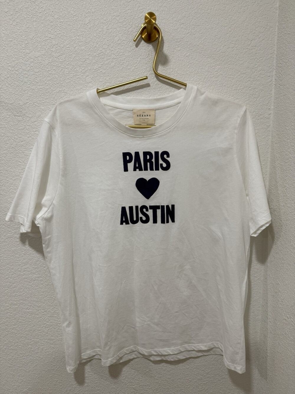 Sezane T Shirt White Women’s Size XL Paris Austin Unique Shirt Short Sleeve